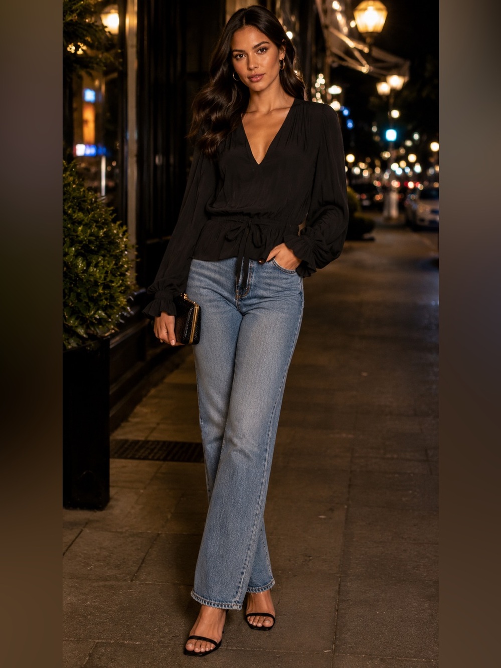Ramy Brook Black Tie-Waist Long Sleeve Blouse – Size XL
